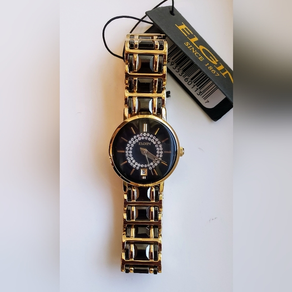 Elgin Women's EG353 Gold-Tone Black Ceramic Crystal Accented Watch. NWT. - Picture 2 of 13